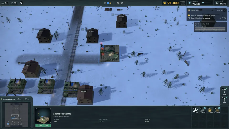 Match HUD with an Operations Centre selected and a research queue.