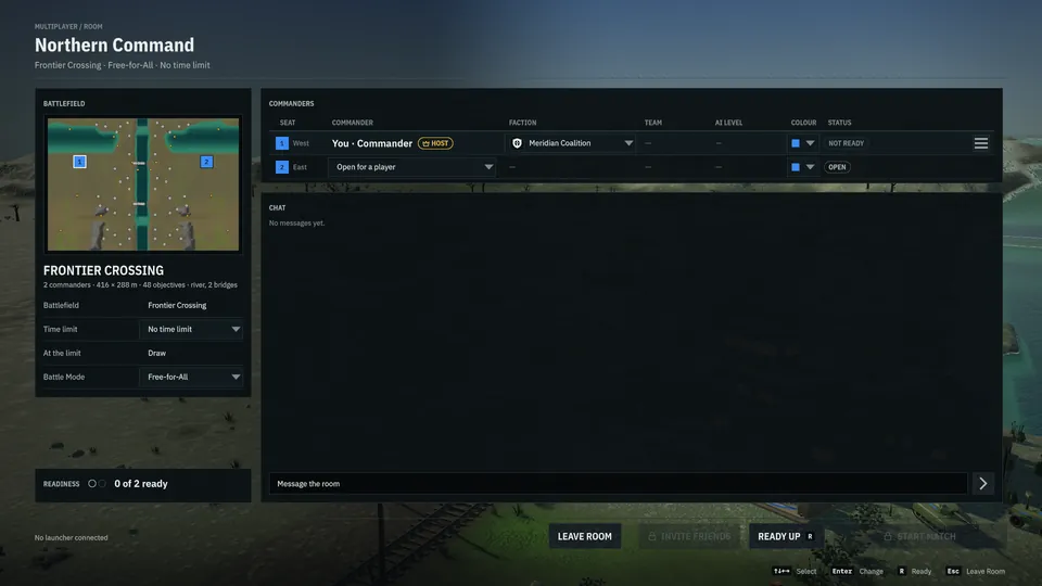 A multiplayer room with a battlefield map, commander seats, faction choices, readiness indicators and room chat.