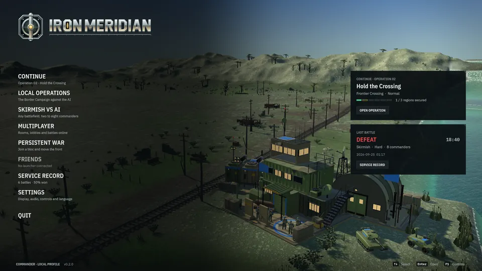 The main menu over a live battlefield: Continue, Local Operations, Skirmish vs AI, Multiplayer, Service Record and Settings, with the current operation and last battle beside it.